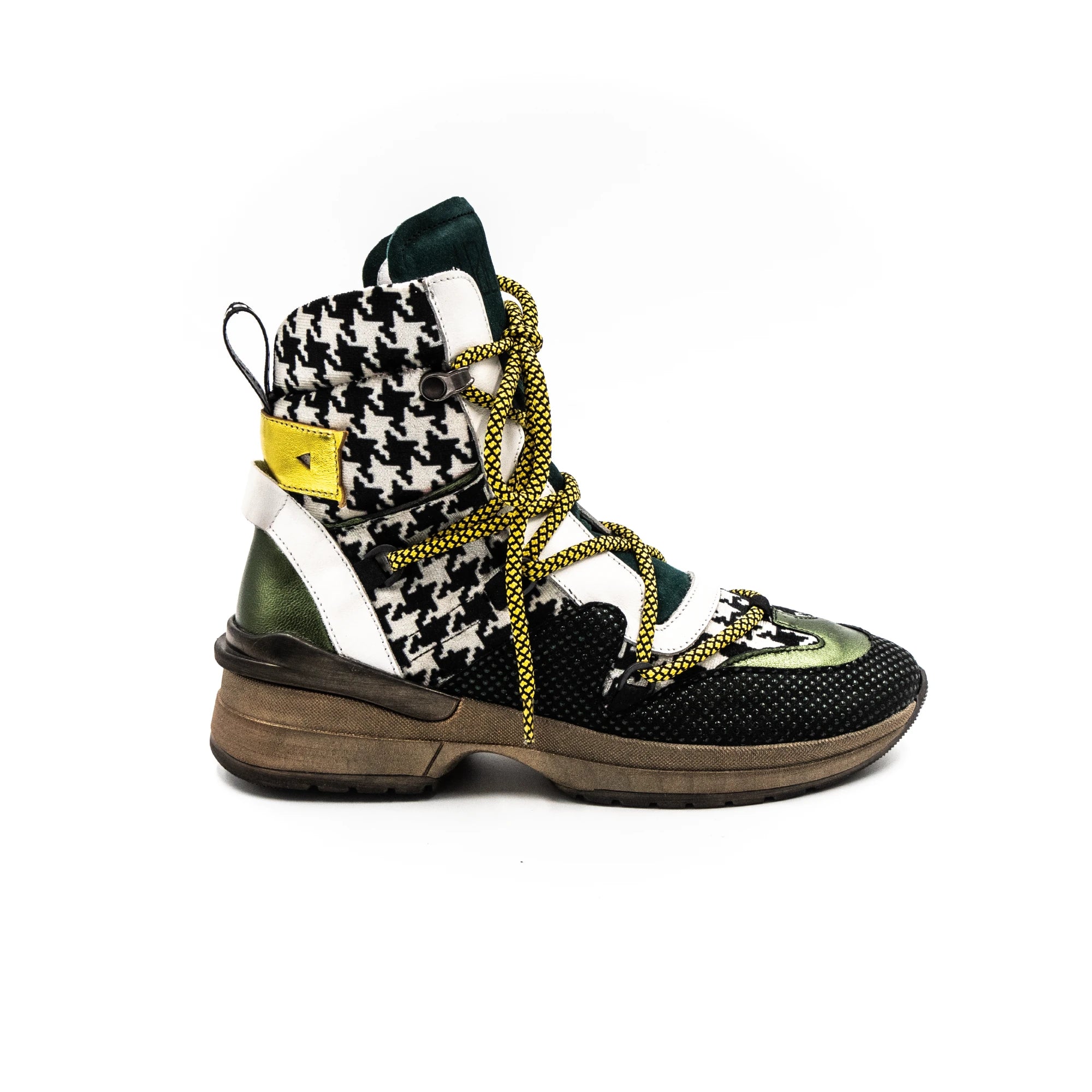 High-top sneakers with various textures.