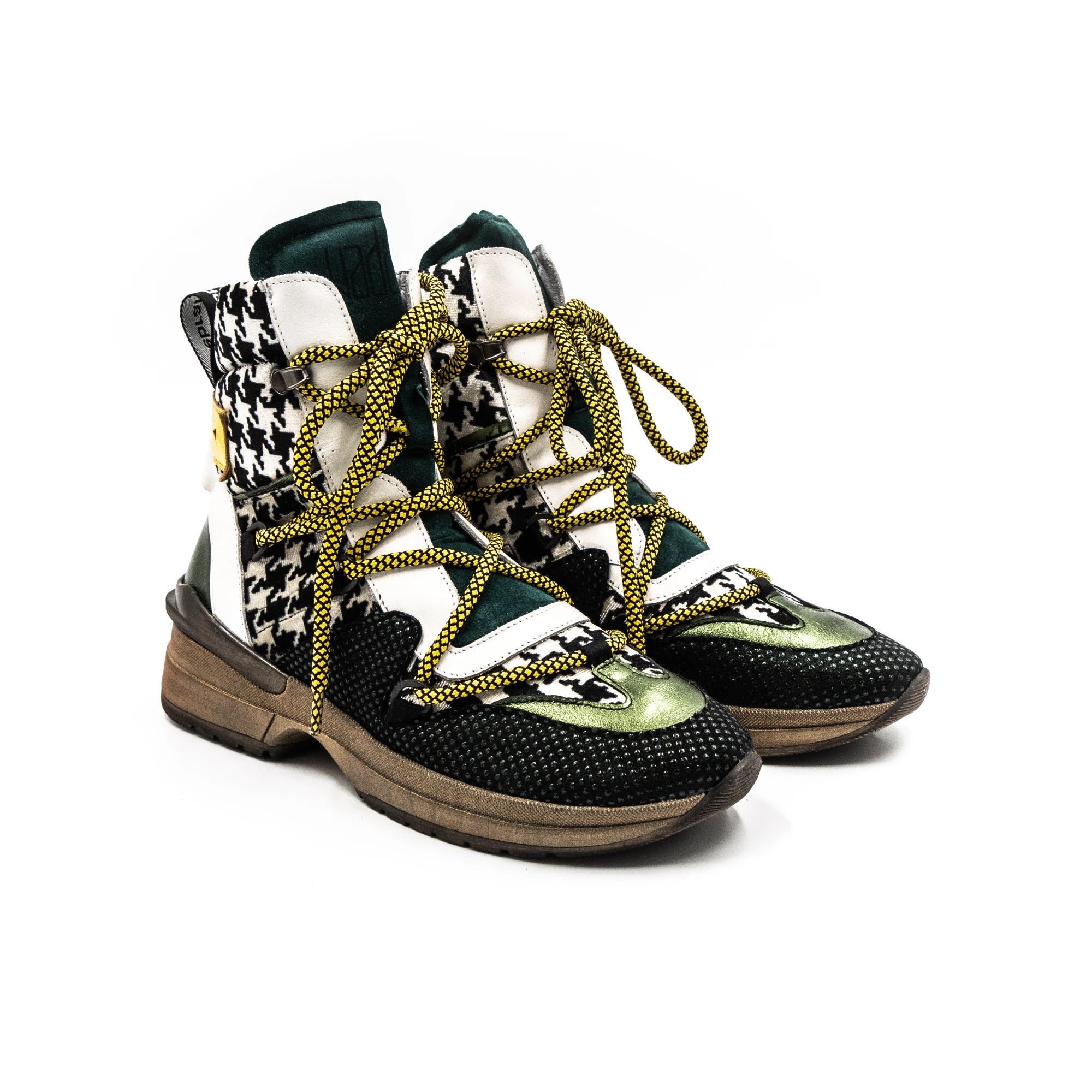 High-top sneakers with various textures.