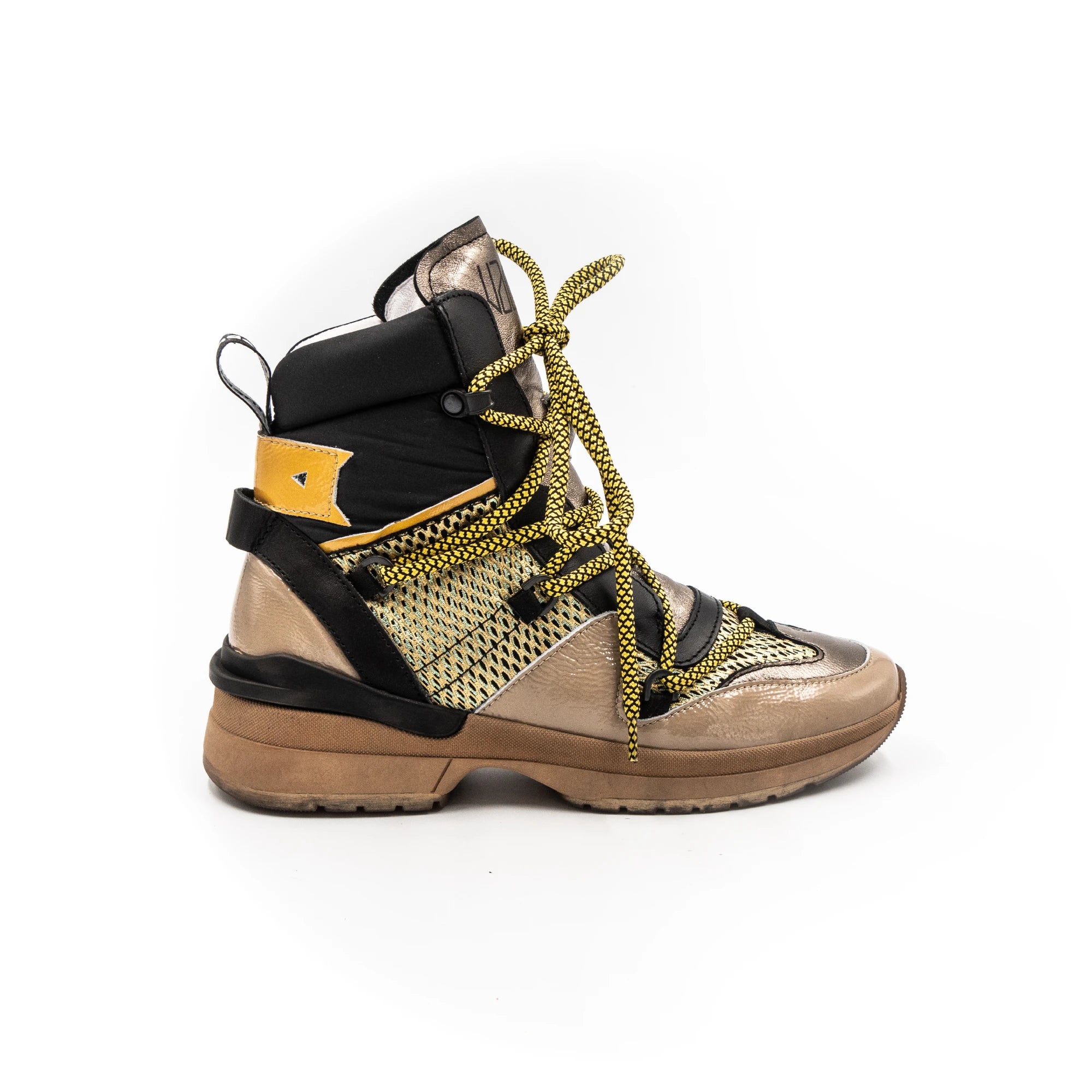 High-top sneakers with various textures.