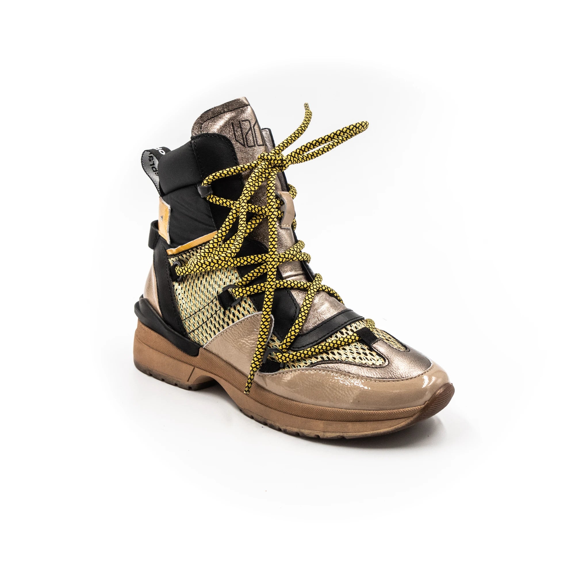 High-top sneakers with various textures.