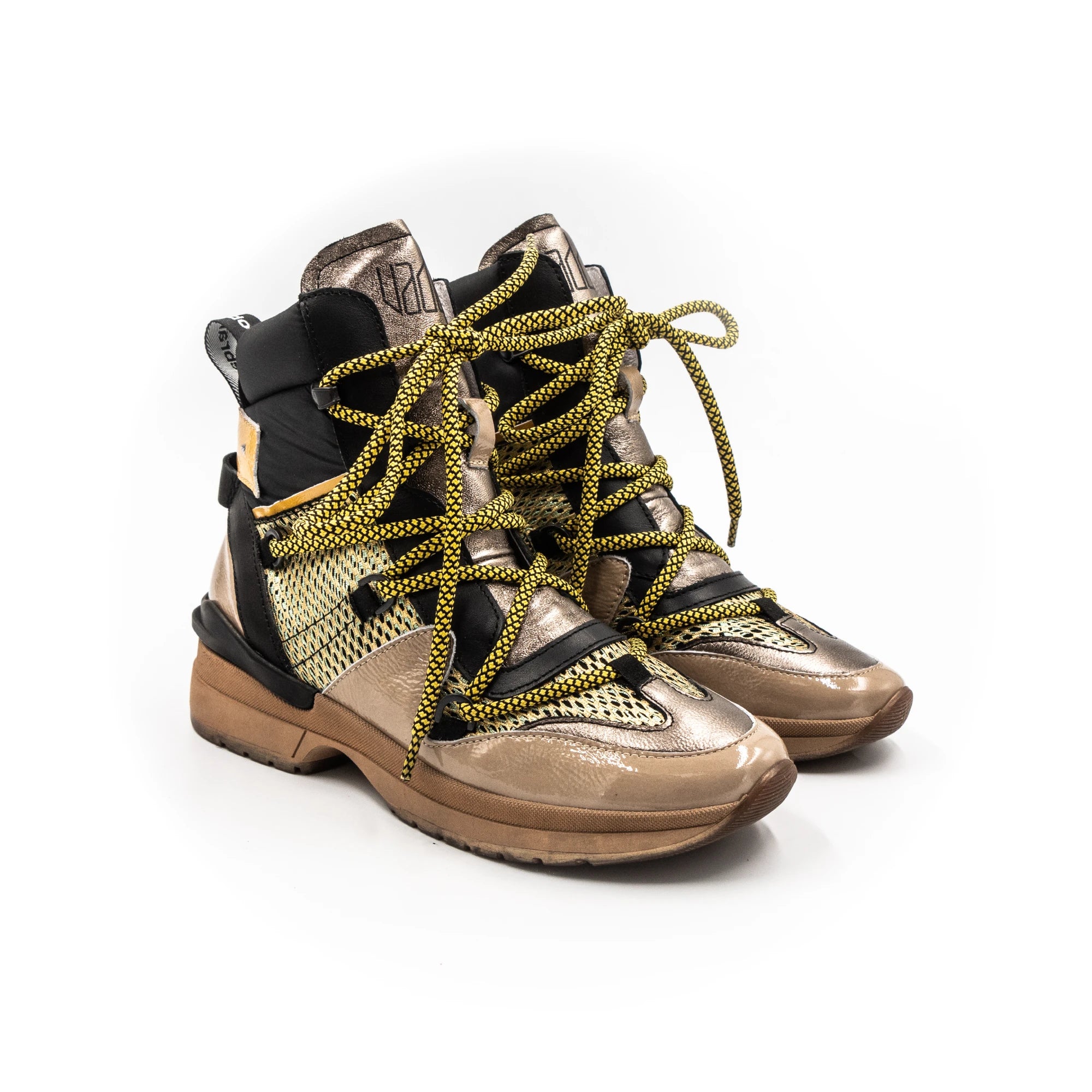 High-top sneakers with various textures.