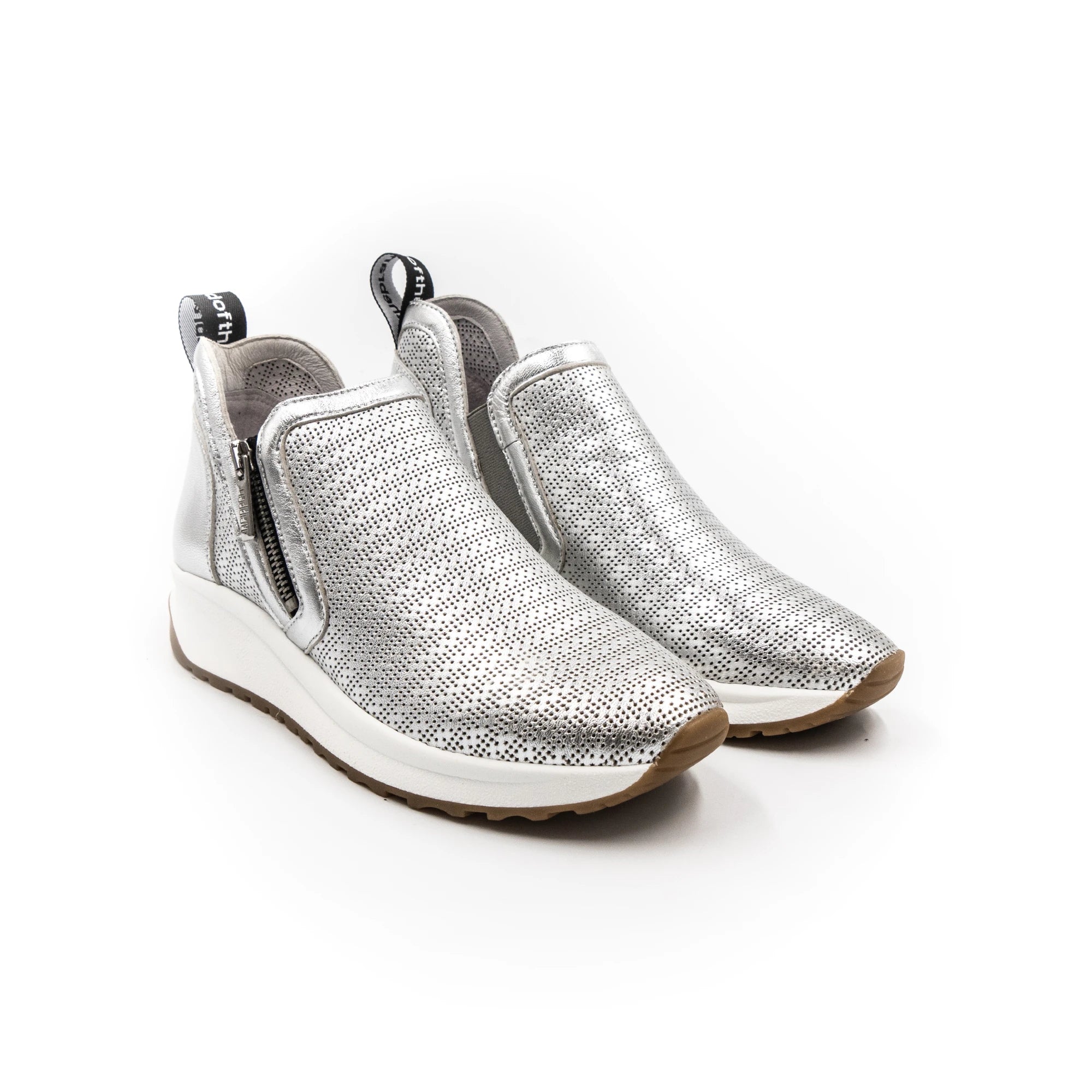 Silver-toned sneakers with zippers.