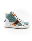 High-top sneakers in blue and orange.