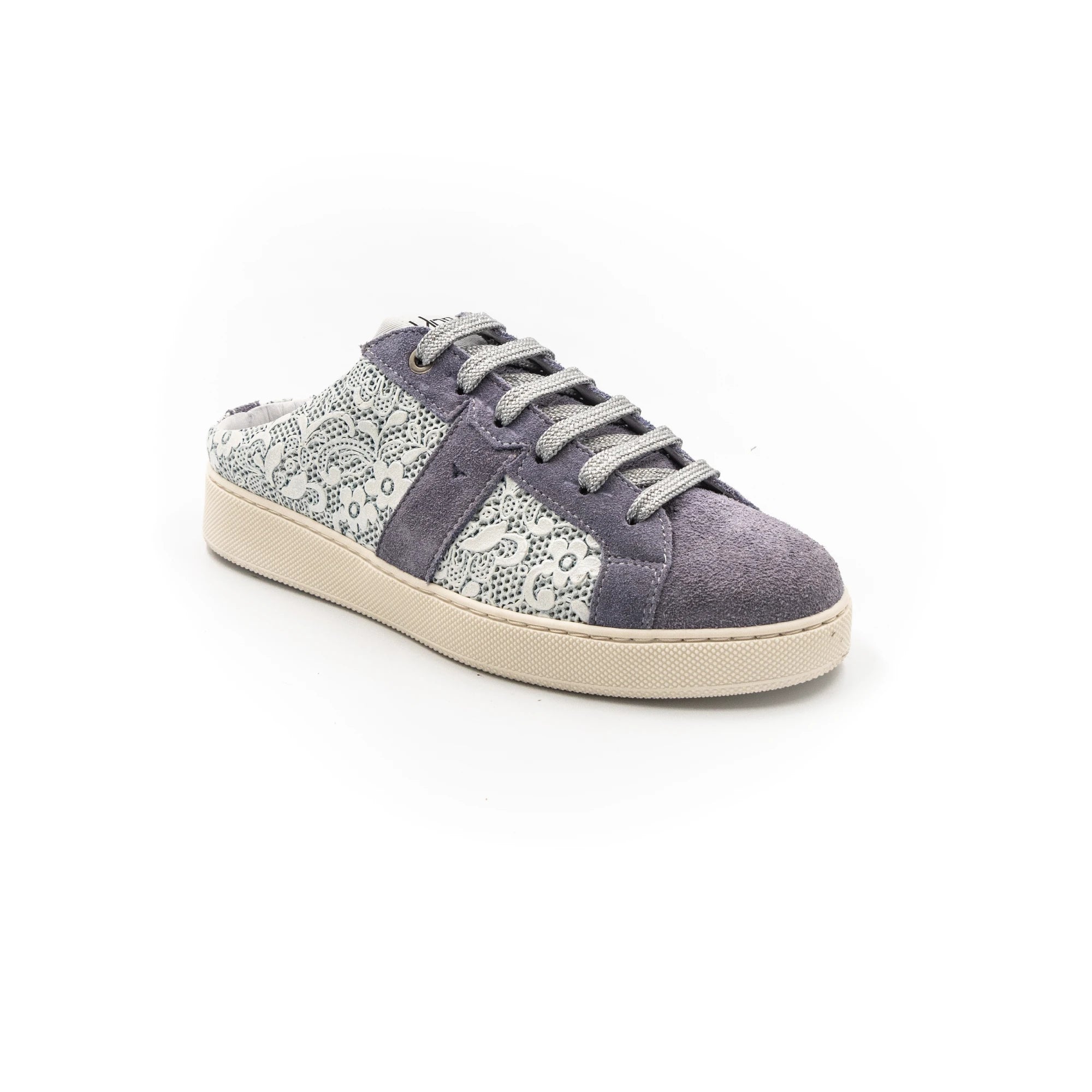 Purple sneakers with white lace and beige rubber.