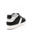 Black and silver high-top sneakers with white rubber.