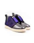 Sneakers without laces in shades of purple and silver.