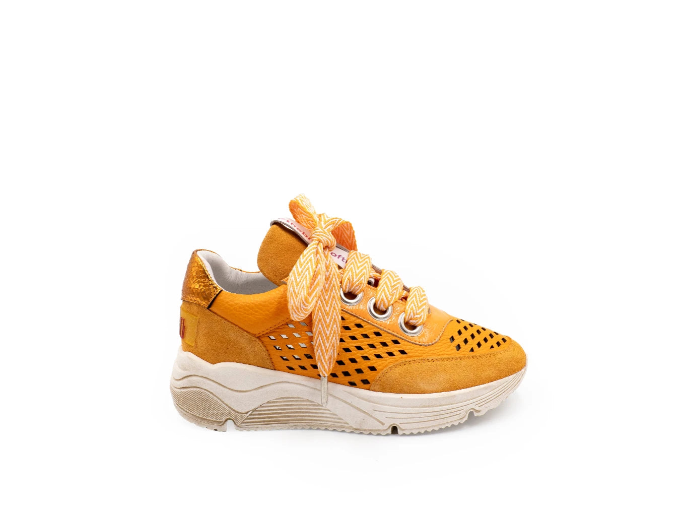 Orange sneaker with white sole on a white background