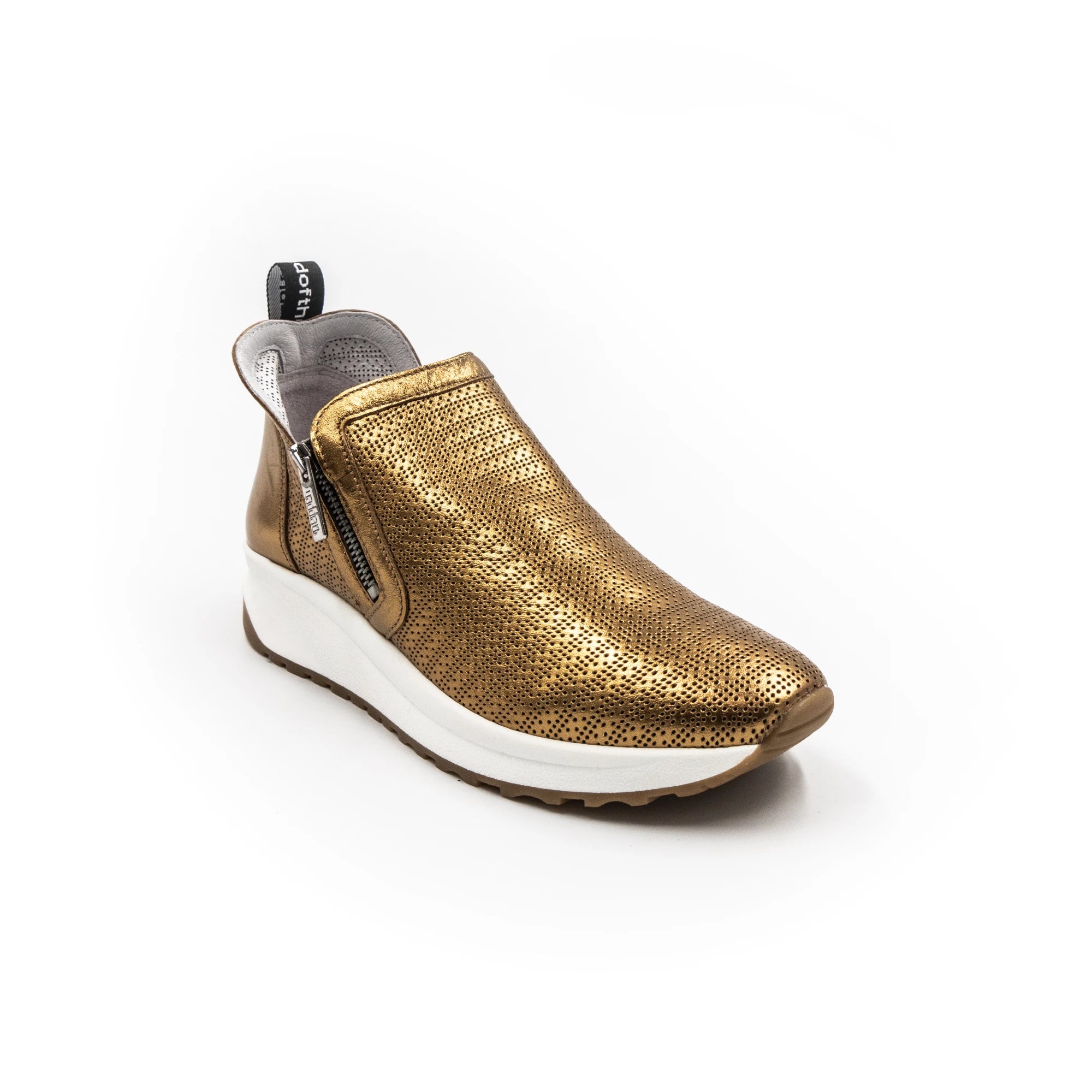 Sneakers with gold accents and zippers.