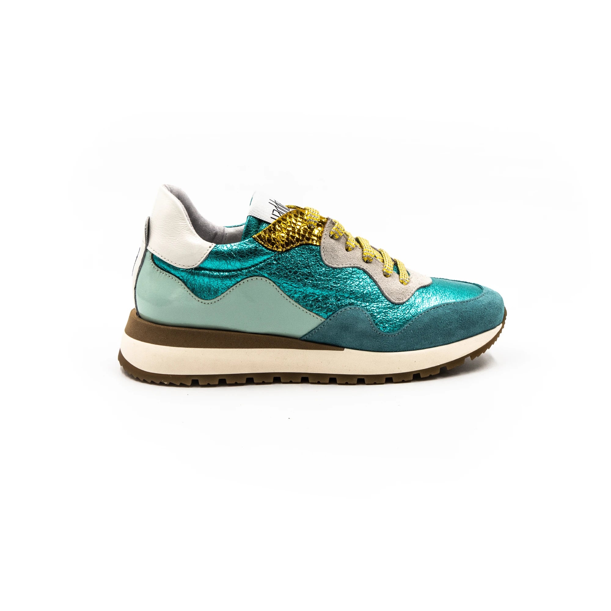 Turquoise, perforated sneakers.