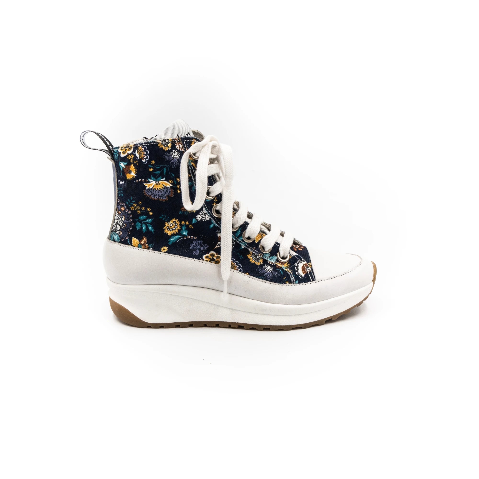 High-top sneakers with floral pattern.
