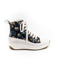 High-top sneakers with floral pattern.