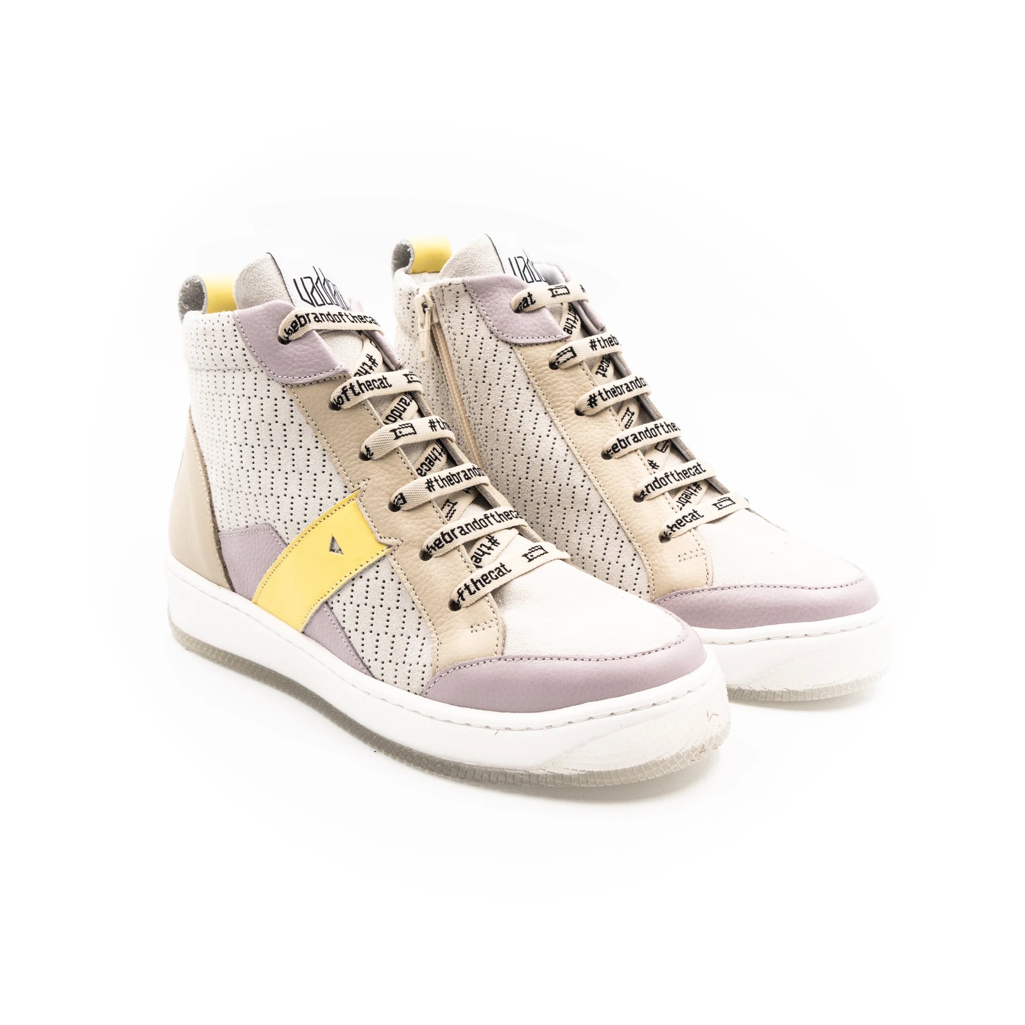 Cream-colored high-top sneakers.