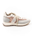 Grey and beige sneakers with pink netting.