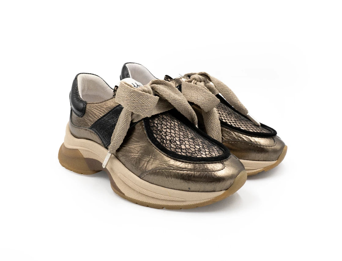Pair of gold and black sneakers on a white background