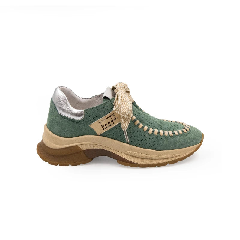 A green sneaker with beige accents and a brown sole, featuring a lace-up closure and a logo on the side.