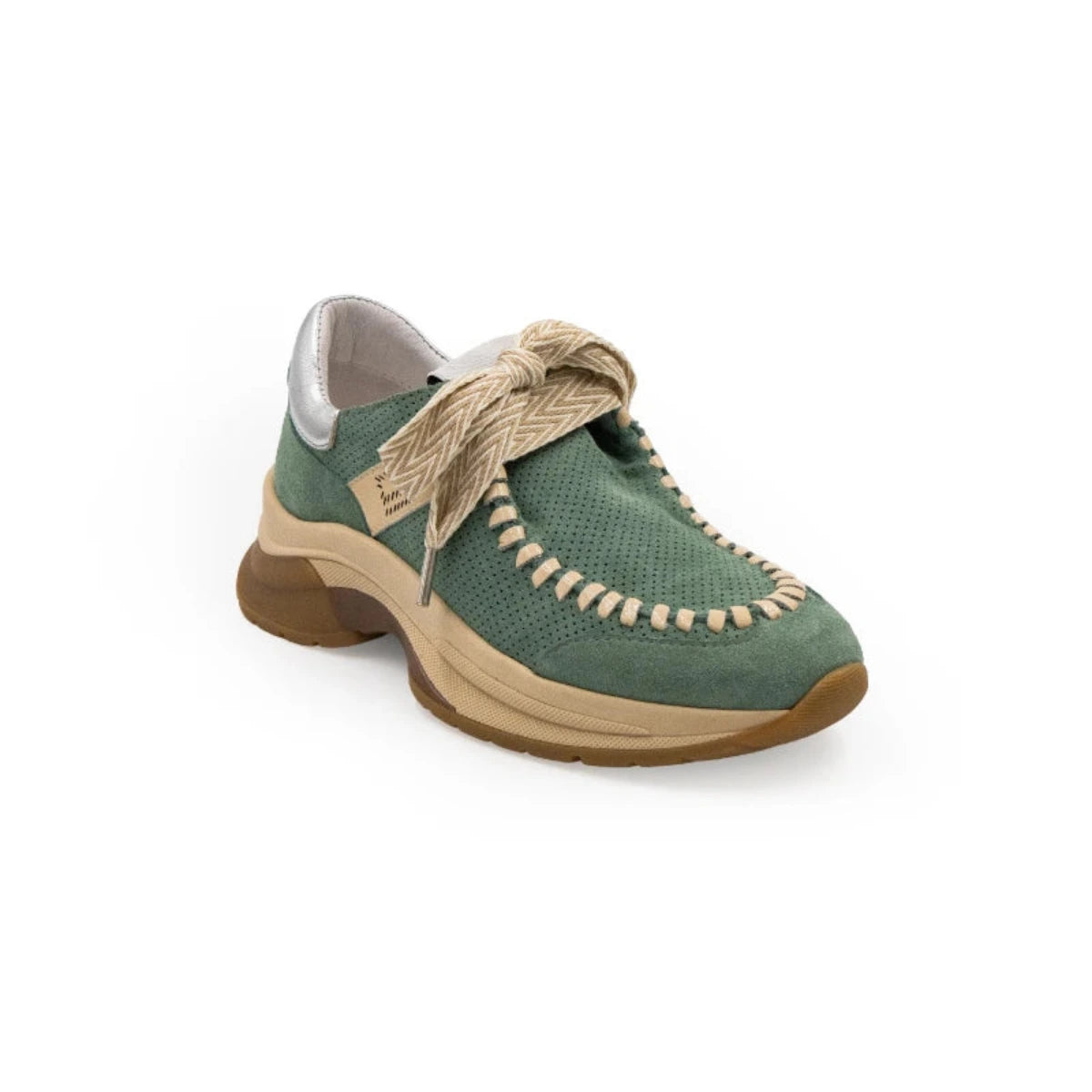 A green sneaker with beige accents and a brown sole, featuring a lace-up closure and a logo on the side.