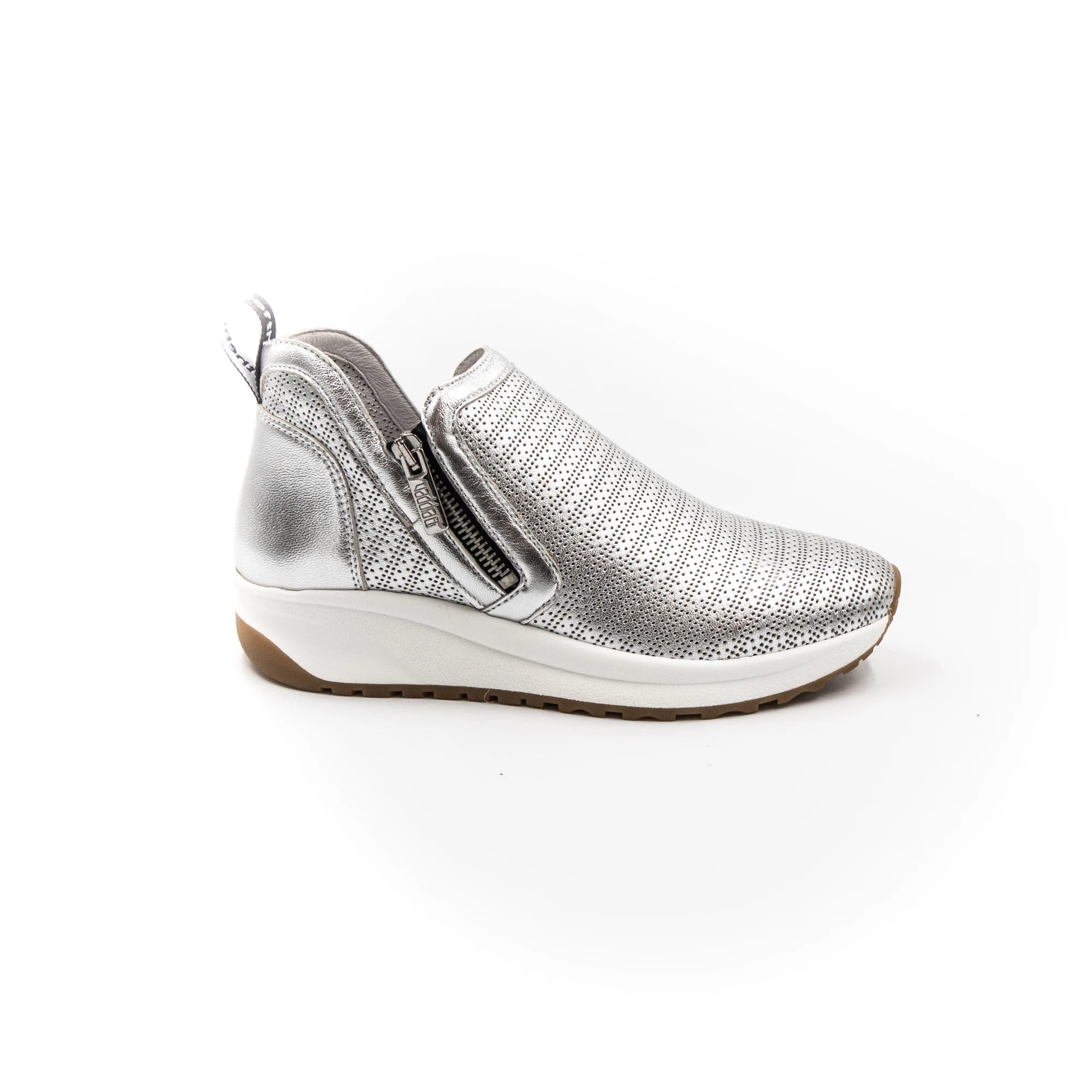 Silver-toned sneakers with zippers.