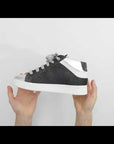 Black and silver high-top sneakers with white rubber.