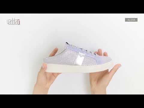 Purple sneakers with white lace and beige rubber. 